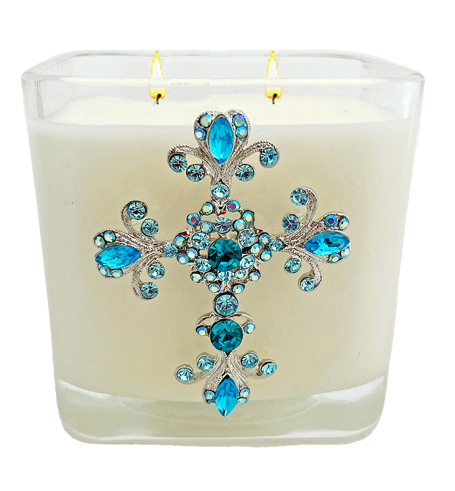 HYSSOP BLUE FLOURISH JEWELED CROSS CANDLE