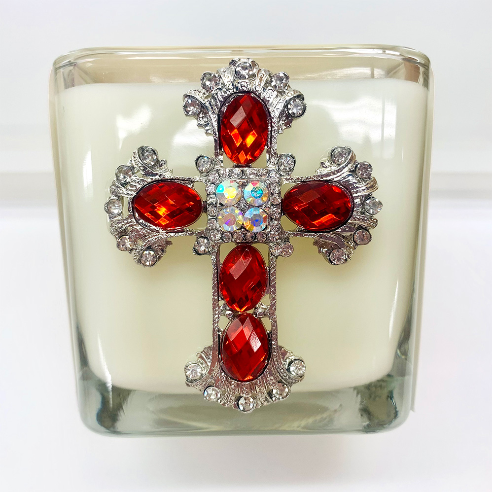 POMEGRANATE - JEWELED CROSS CANDLE -Silvertone