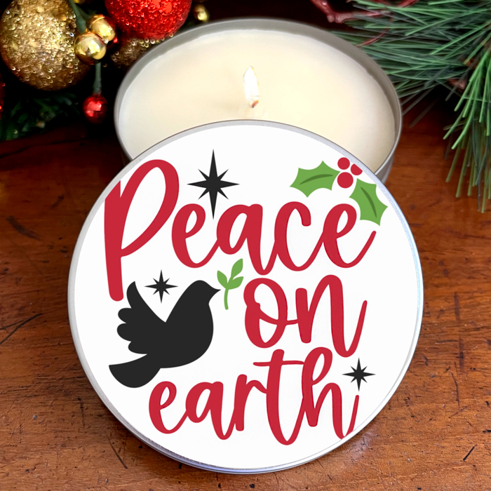 "PEACE ON EARTH" CANDLE TIN - HOLLY BERRY