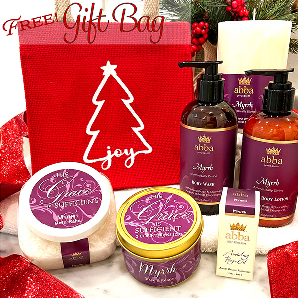 FREE "RED" HOLIDAY JUTE BAG WITH LOTION, WASH, BATH SALTS AND 1/4 OZ