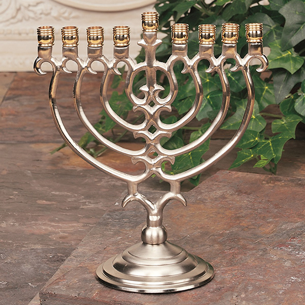 HANUKKIAH - Shiny Nickel with Shiny Brass Holders Ornate Menorah