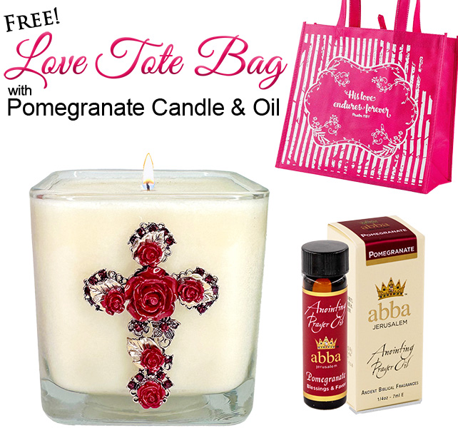 FREE "LOVE ENDURES FOREVER" TOTE W/ POMEGRANATE CROSS CANDLE & 1/4 OZ OIL - FINAL SALE