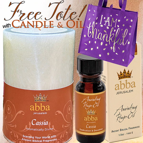 CASSIA PILLAR CANDLE & OIL W/FREE "I AM THANKFUL" TOTE