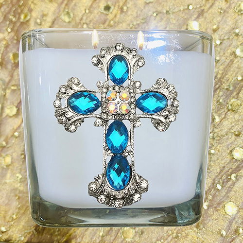 COVENANT JEWELED BLUE CROSS CANDLE - 2 WICK