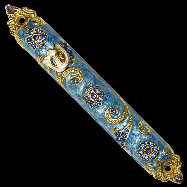 MEZUZAH - SMOKE BLUE JEWELED WITH ARTISTIC STAR OF DAVIDS