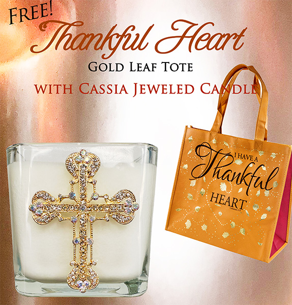 CASSIA CROSS CANDLE W/FREE "I HAVE A THANKFUL HEART" TOTE