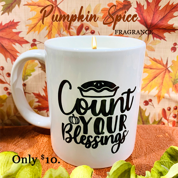 "COUNT YOUR BLESSINGS" COFFEE MUG WITH PUMPKIN SPICE CANDLE