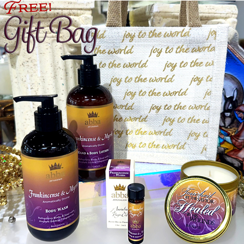 FREE "JOY TO THE WORLD" JUTE BAG W/ LOTION, WASH, TIN CANDLE, 1/4 OZ OIL