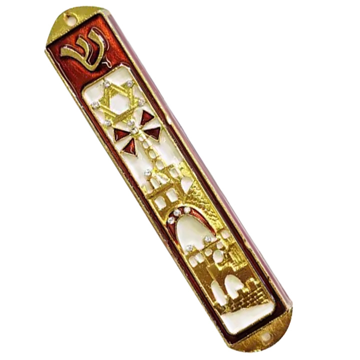 Mezuzah - City with Star of David and Shin - RED