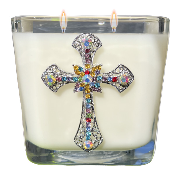 CASSIA JEWELED CROSS CANDLE - DELICATE FILIGREE - GOLD