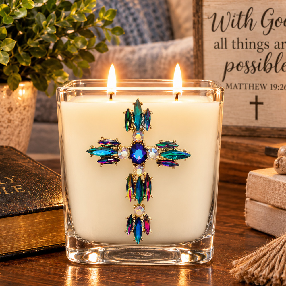 FRANKINCENSE & MYRRH IRRIDESCENT JEWELED CROSS CANDLE
