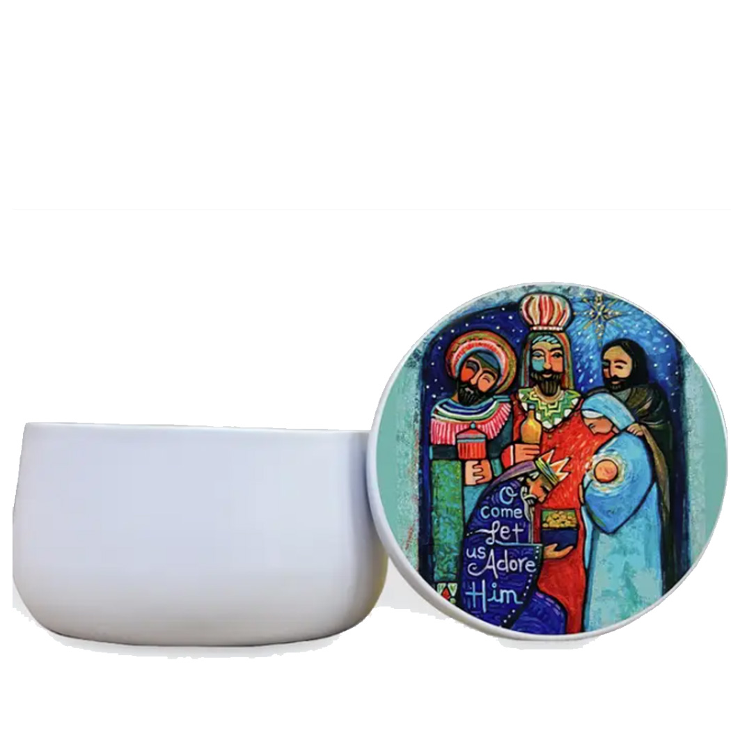 70% OFF "KINGS-ADORE HIM" CURVED CANDLE TIN - GIFTS OF THE MAGI