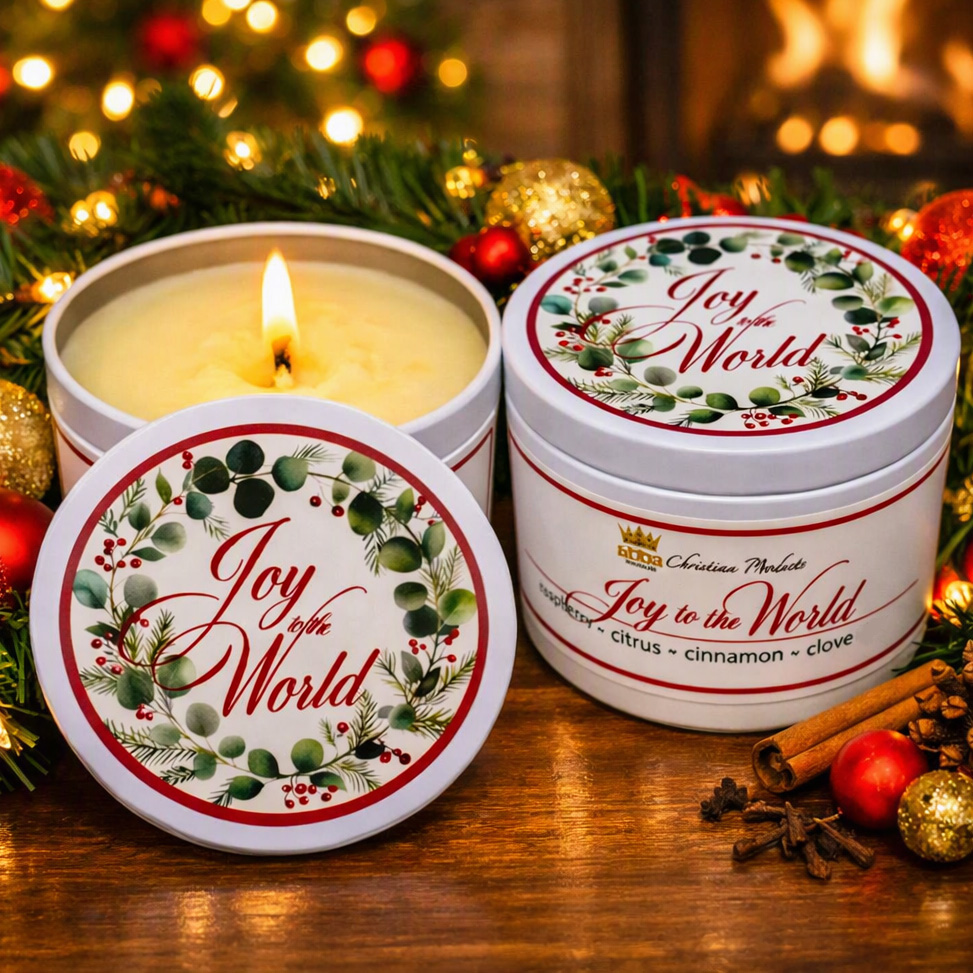 "JOY TO THE WORLD"  CANDLE TIN 8 OZ