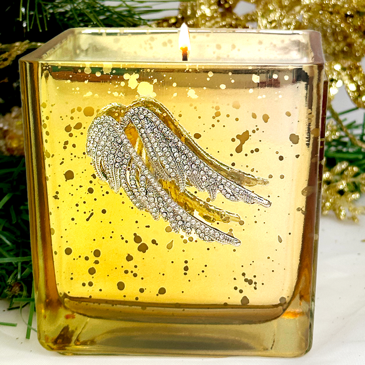 MERCURY GLASS CANDLE - SILVER RHINESTONE WINGS "WINTER WONDERLAND"