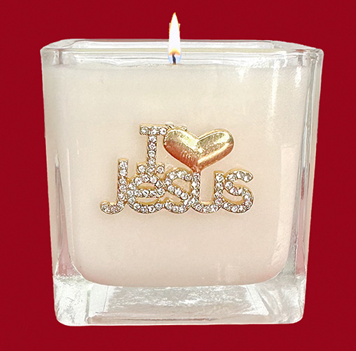 "GOLD" I LOVE JESUS VOTIVE CANDLE-ORCHID MUSK