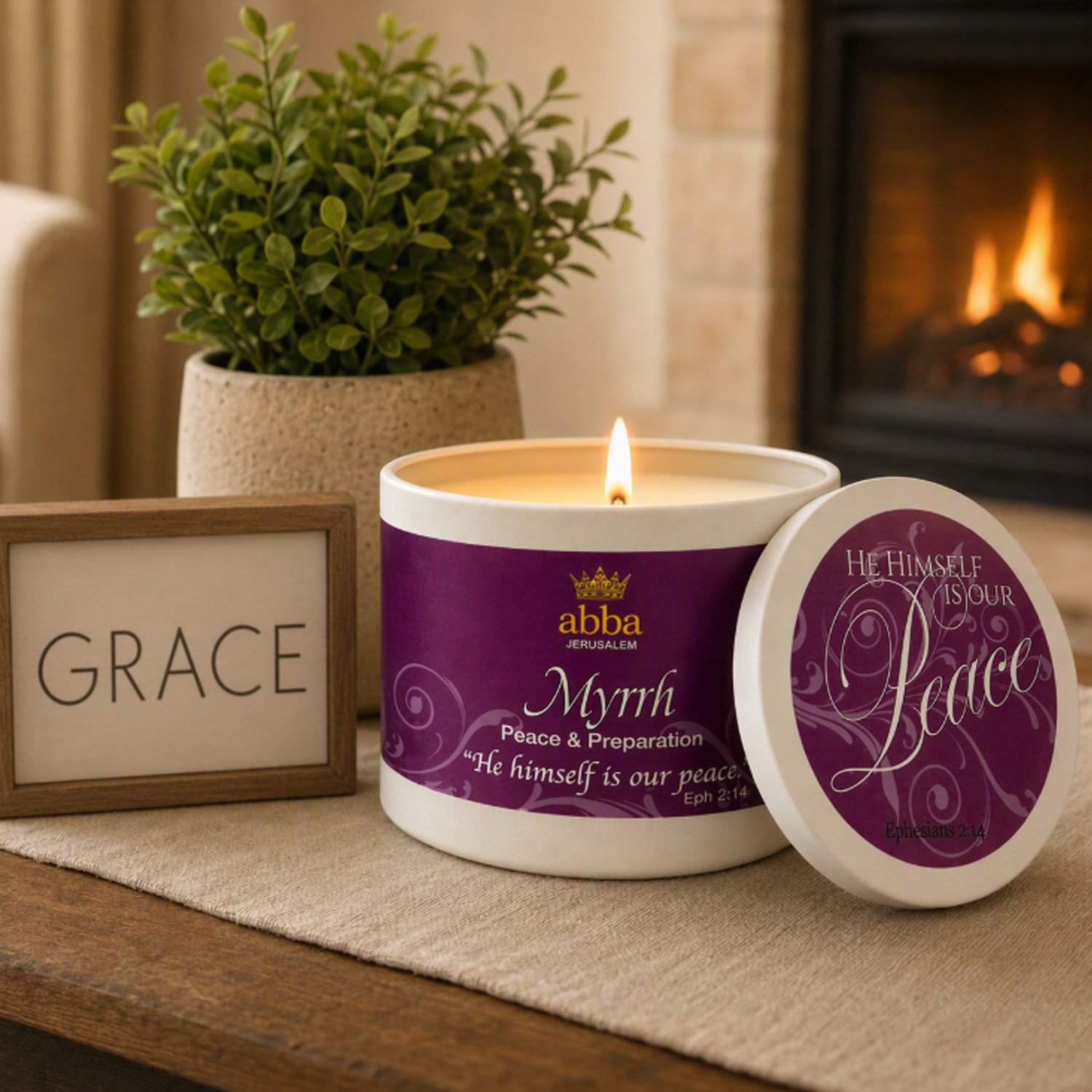 MYRRH SCRIPTURE TIN - "HE HIMSELF IS OUR PEACE" - 8 OZ