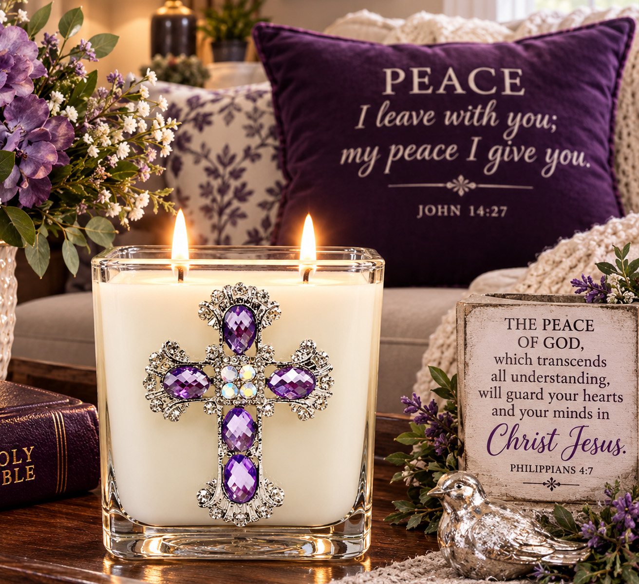 MYRRH  AMETHYST JEWELED CROSS CANDLE