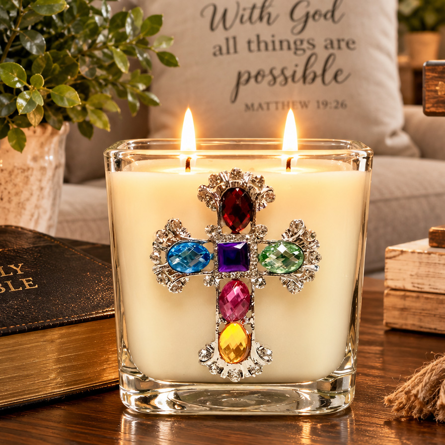 DIVINE MERCY  MULTI COLOR JEWELED CROSS CANDLE
