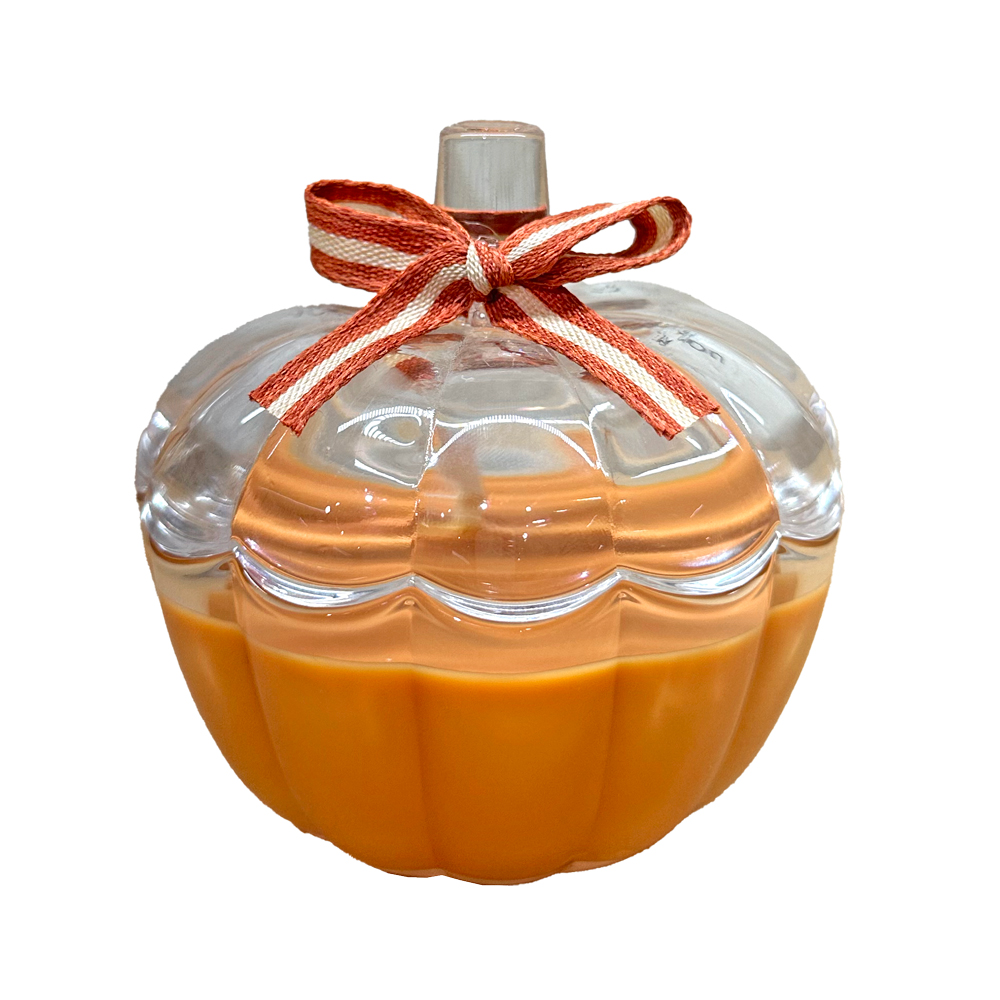 GLASS PUMPKIN CANDLE WITH RIBBON IN GINGERBREAD