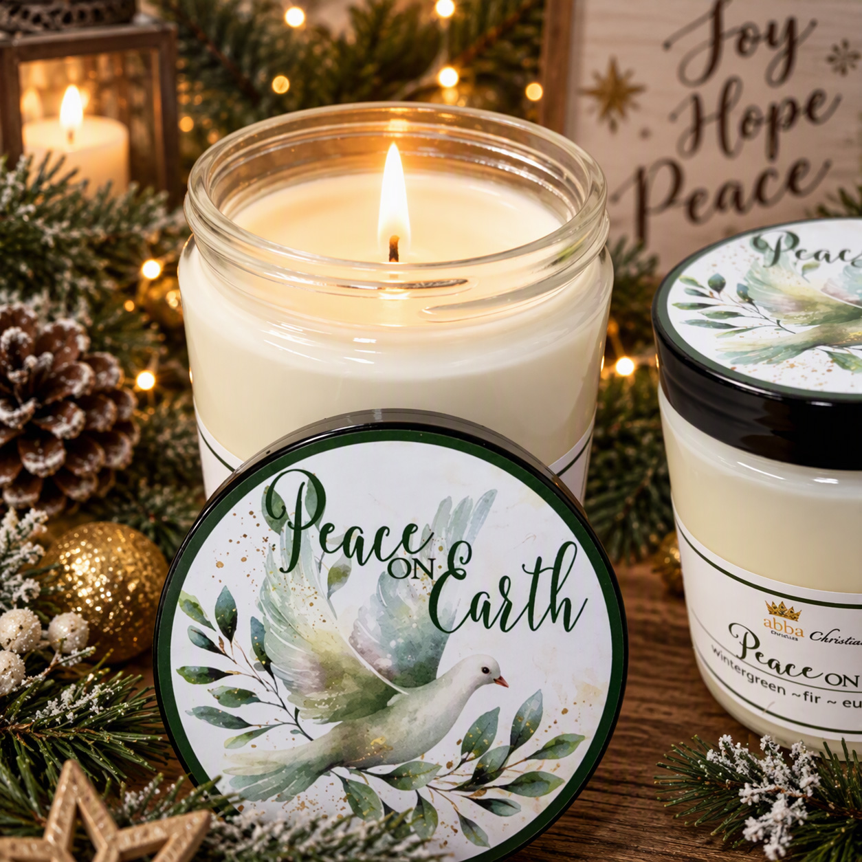 "PEACE ON EARTH" GLASS CANDLE 8 OZ