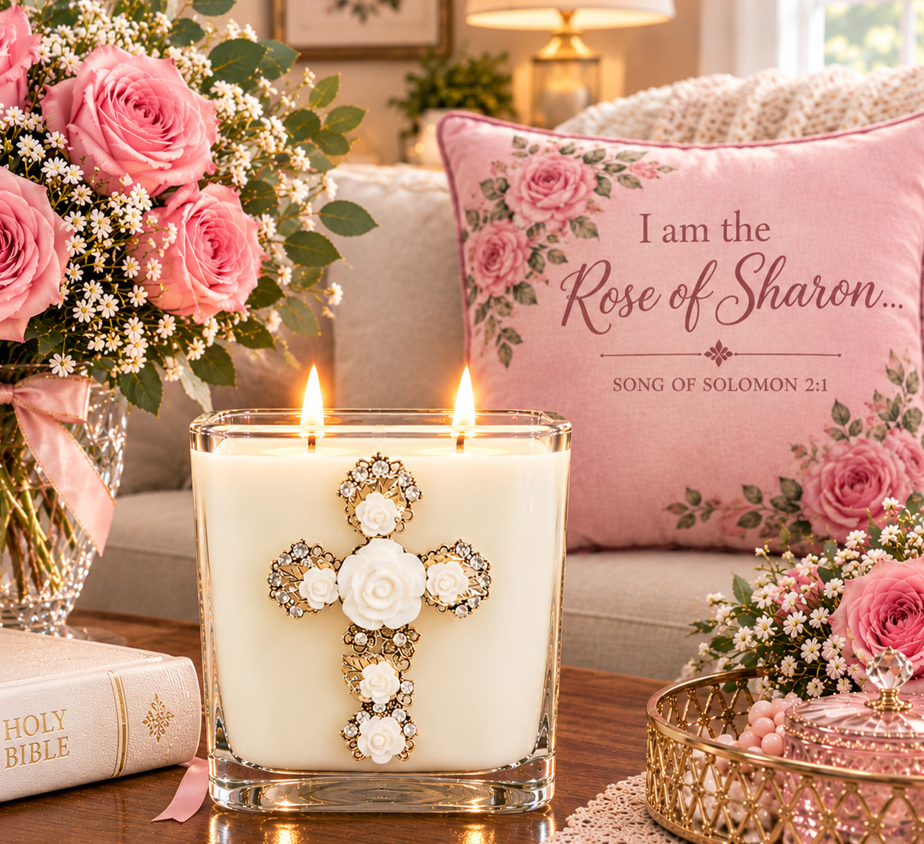 ROSE JEWELED CROSS CANDLE W/ WHITE ROSES